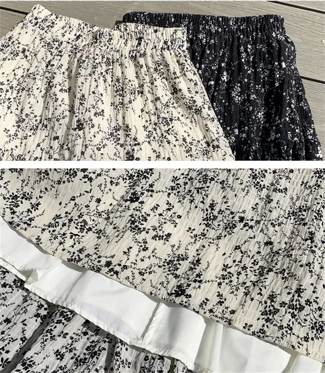 Women Folds Chiffon Floral for Elastic High Waist Midi Length Beach A-Line Skirts