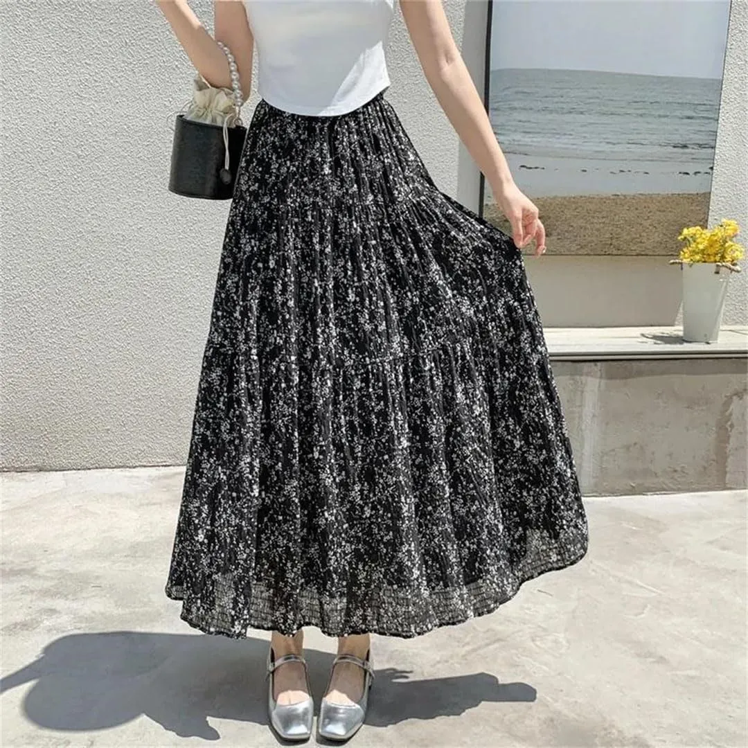 Women Folds Chiffon Floral for Elastic High Waist Midi Length Beach A-Line Skirts