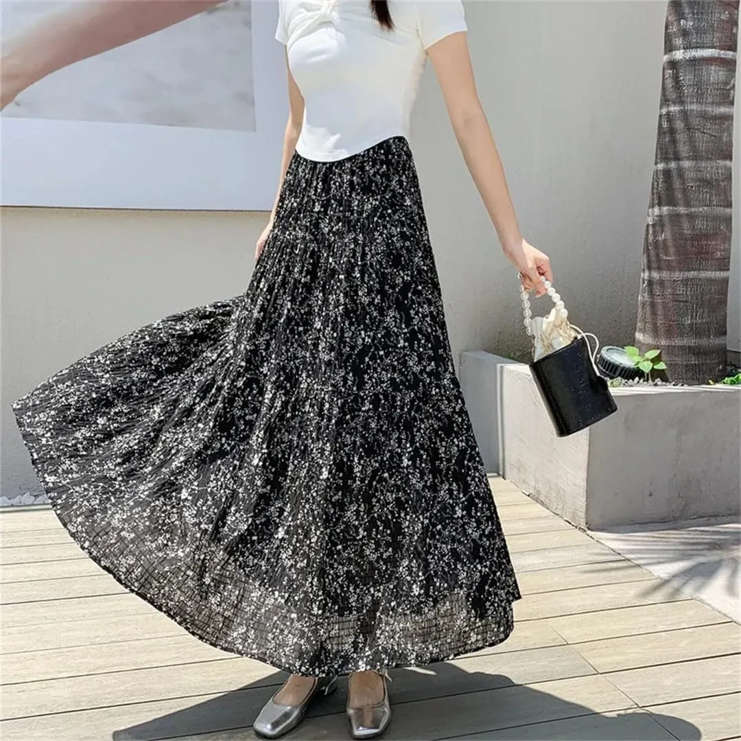 Women Folds Chiffon Floral for Elastic High Waist Midi Length Beach A-Line Skirts