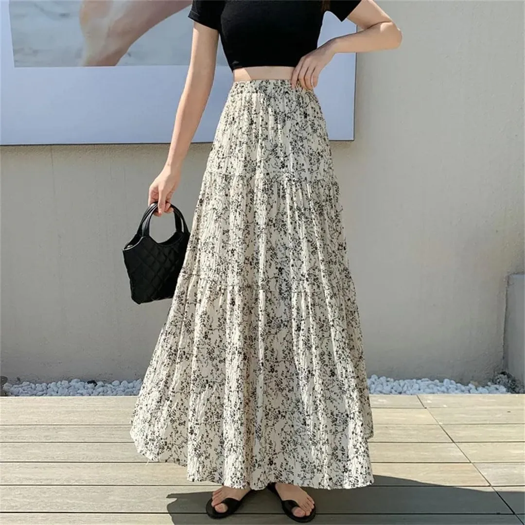 Women Folds Chiffon Floral for Elastic High Waist Midi Length Beach A-Line Skirts