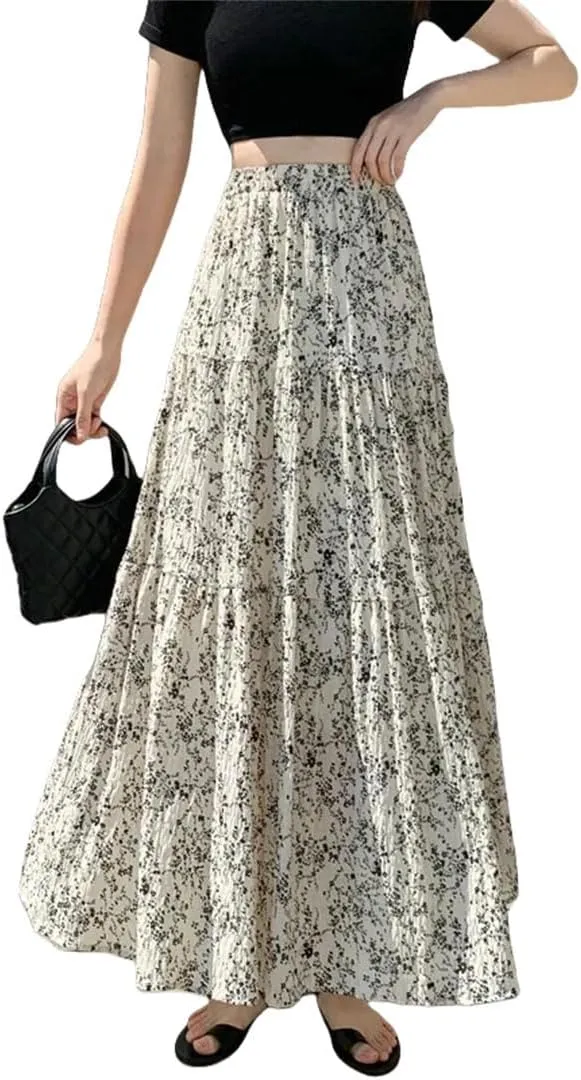 Women Folds Chiffon Floral for Elastic High Waist Midi Length Beach A-Line Skirts
