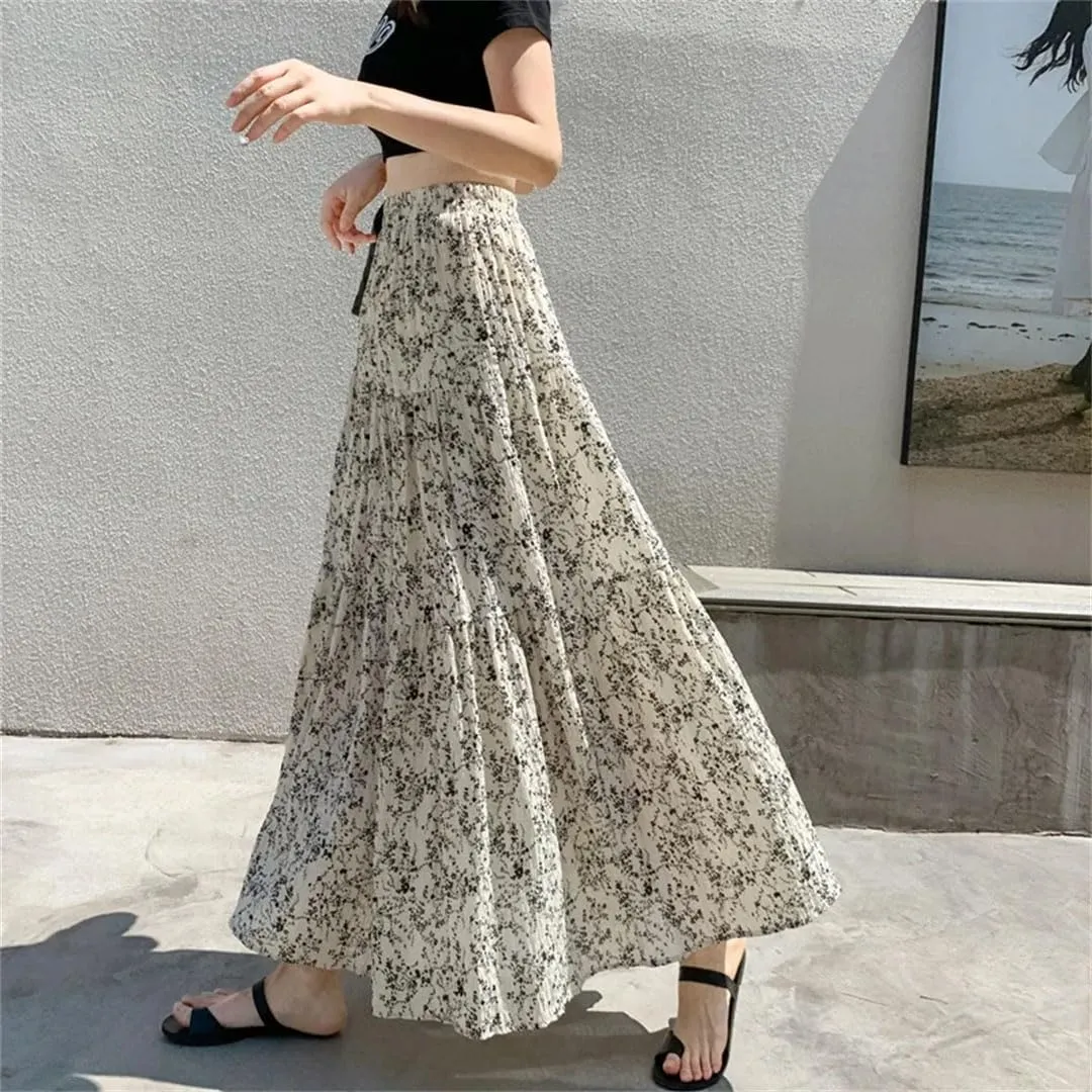 Women Folds Chiffon Floral for Elastic High Waist Midi Length Beach A-Line Skirts
