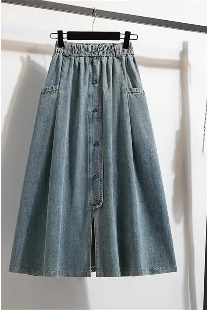 Women High Waist Casual Denim Skirts Vintage Style Single-Breasted Basics A-Line Long Skirts