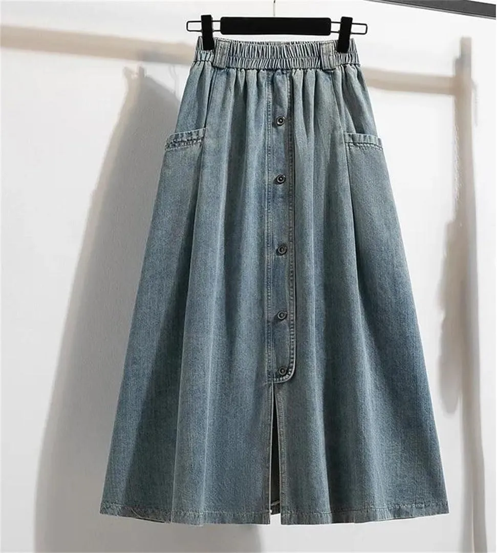 Women High Waist Casual Denim Skirts Vintage Style Single-Breasted Basics A-Line Long Skirts