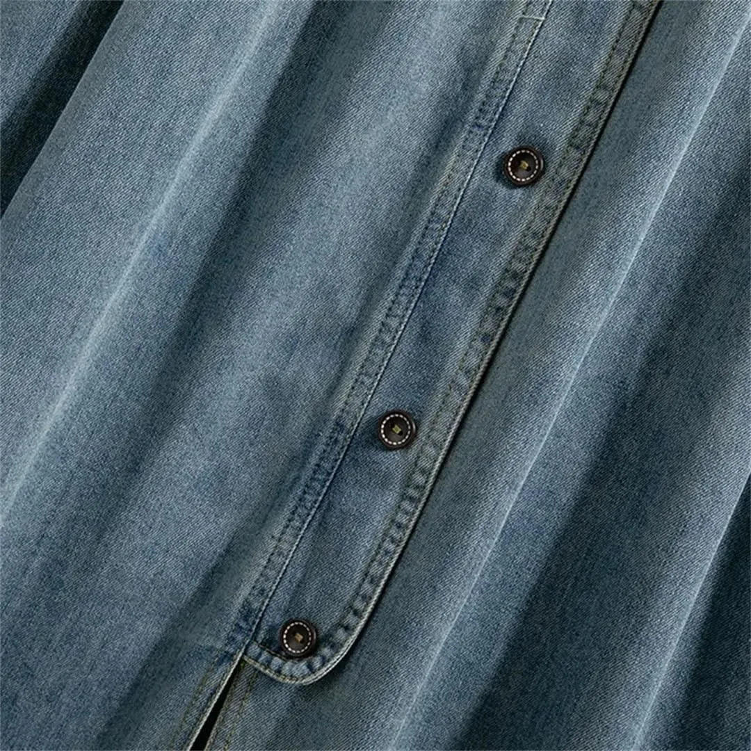 Women High Waist Casual Denim Skirts Vintage Style Single-Breasted Basics A-Line Long Skirts