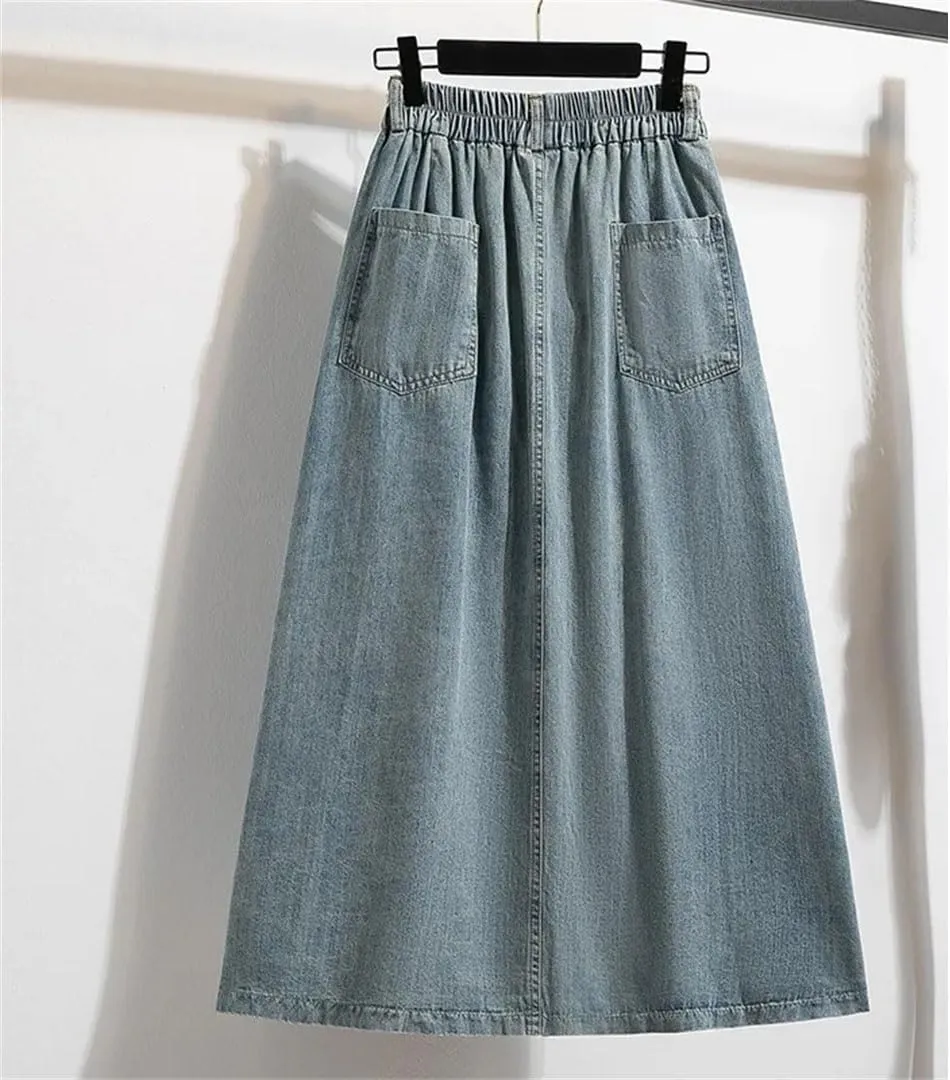 Women High Waist Casual Denim Skirts Vintage Style Single-Breasted Basics A-Line Long Skirts