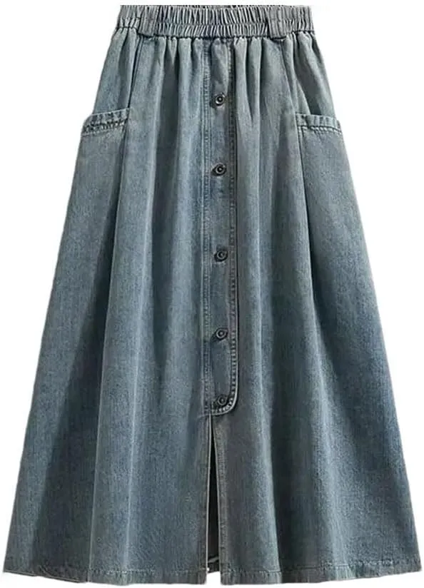 Women High Waist Casual Denim Skirts Vintage Style Single-Breasted Basics A-Line Long Skirts