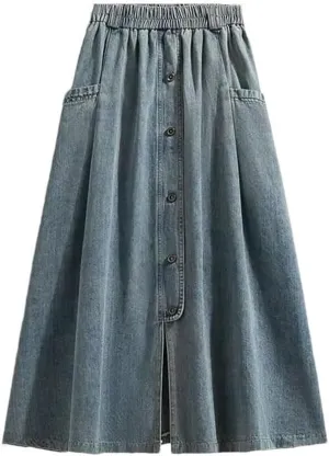 Women High Waist Casual Denim Skirts Vintage Style Single-Breasted Basics A-Line Long Skirts