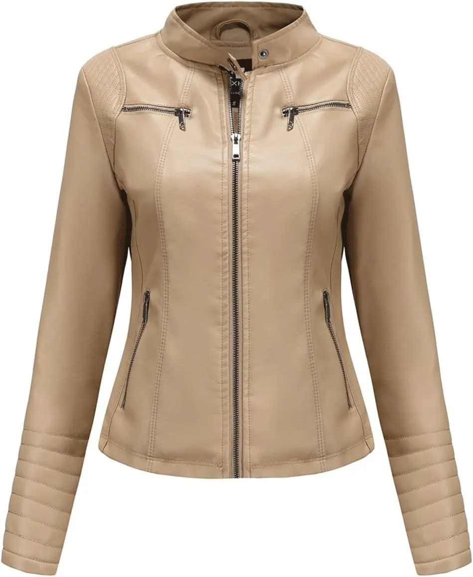 Women jacket Women Moto Biker Zipper Jacket Autumn Spring Motorcycle Leather Jacket Ladies Black Red Coffee Apricot