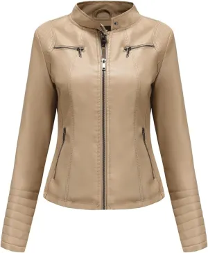 Women jacket Women Moto Biker Zipper Jacket Autumn Spring Motorcycle Leather Jacket Ladies Black Red Coffee Apricot
