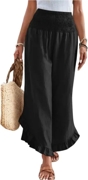 Women Linen Pants Summer Wide Leg Pants Smocked Waist Ruffle Hem Palazzo Pant Boho Flowy Beach Pant with Pocket
