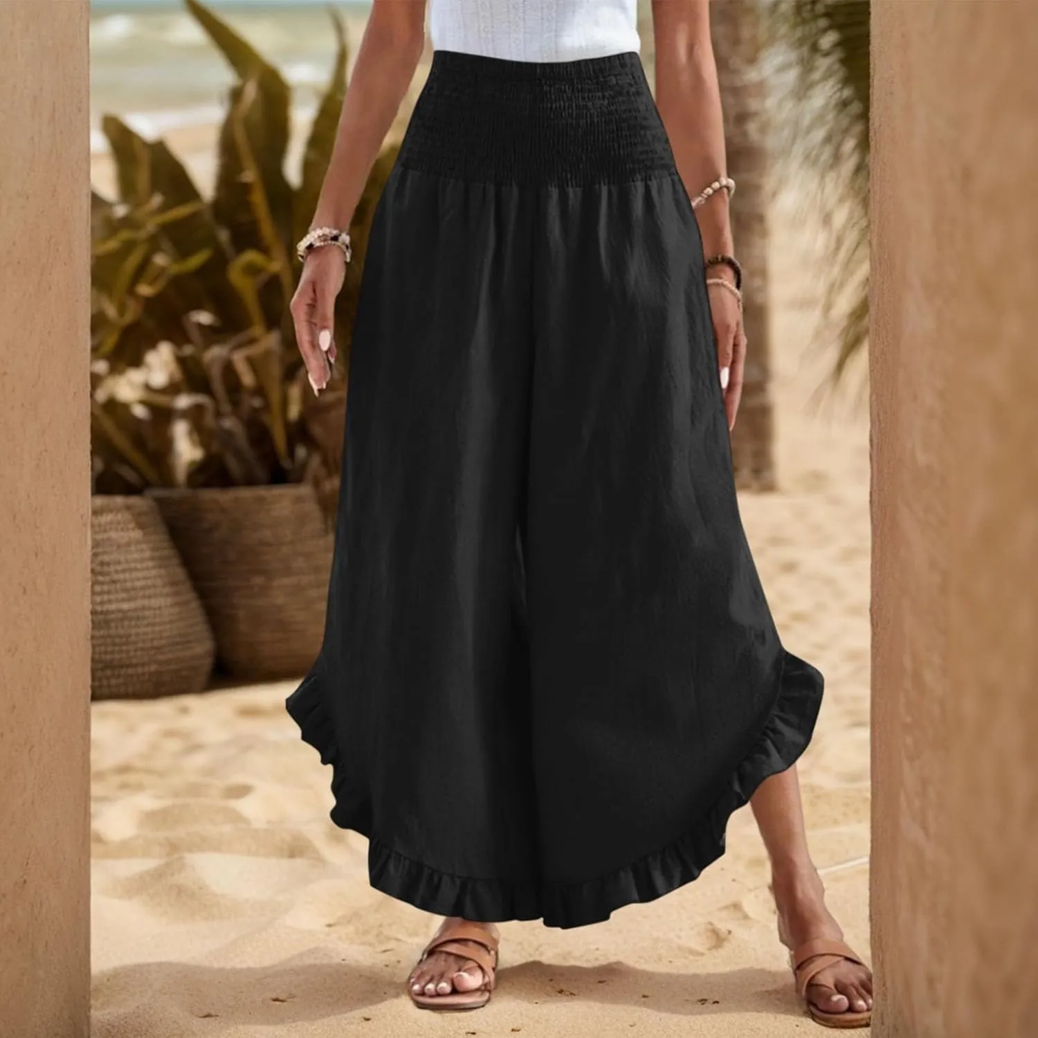 Women Linen Pants Summer Wide Leg Pants Smocked Waist Ruffle Hem Palazzo Pant Boho Flowy Beach Pant with Pocket