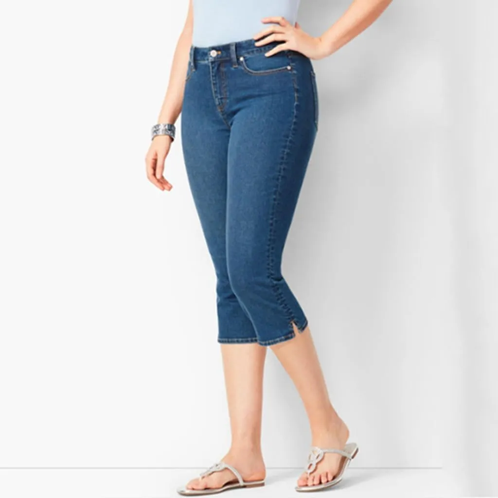 Women Plus Size Slim Jeans Stretch Tummy Control 3/4 Length Tight Calf Denim Pant Summer Office Relax Casual Trousers