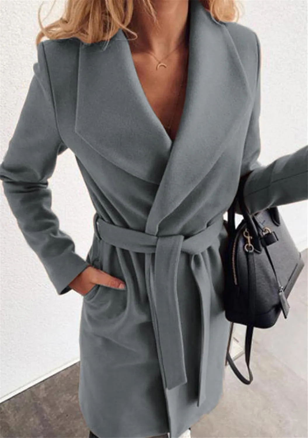 Women Solid Color Long Sleeve Long Coats Lapel Collar Belt Wool Blend Trench Coat Wrap Casual Winter Jackets