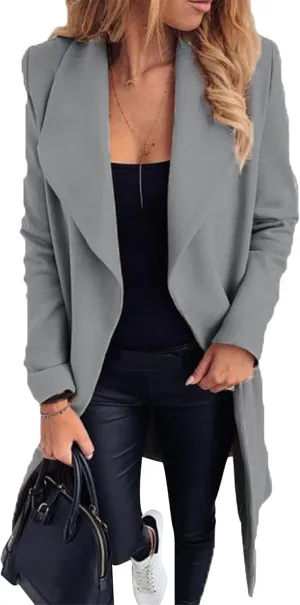 Women Solid Color Long Sleeve Long Coats Lapel Collar Belt Wool Blend Trench Coat Wrap Casual Winter Jackets
