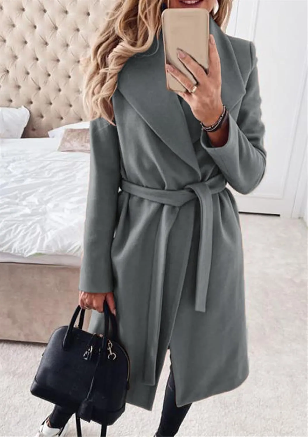 Women Solid Color Long Sleeve Long Coats Lapel Collar Belt Wool Blend Trench Coat Wrap Casual Winter Jackets