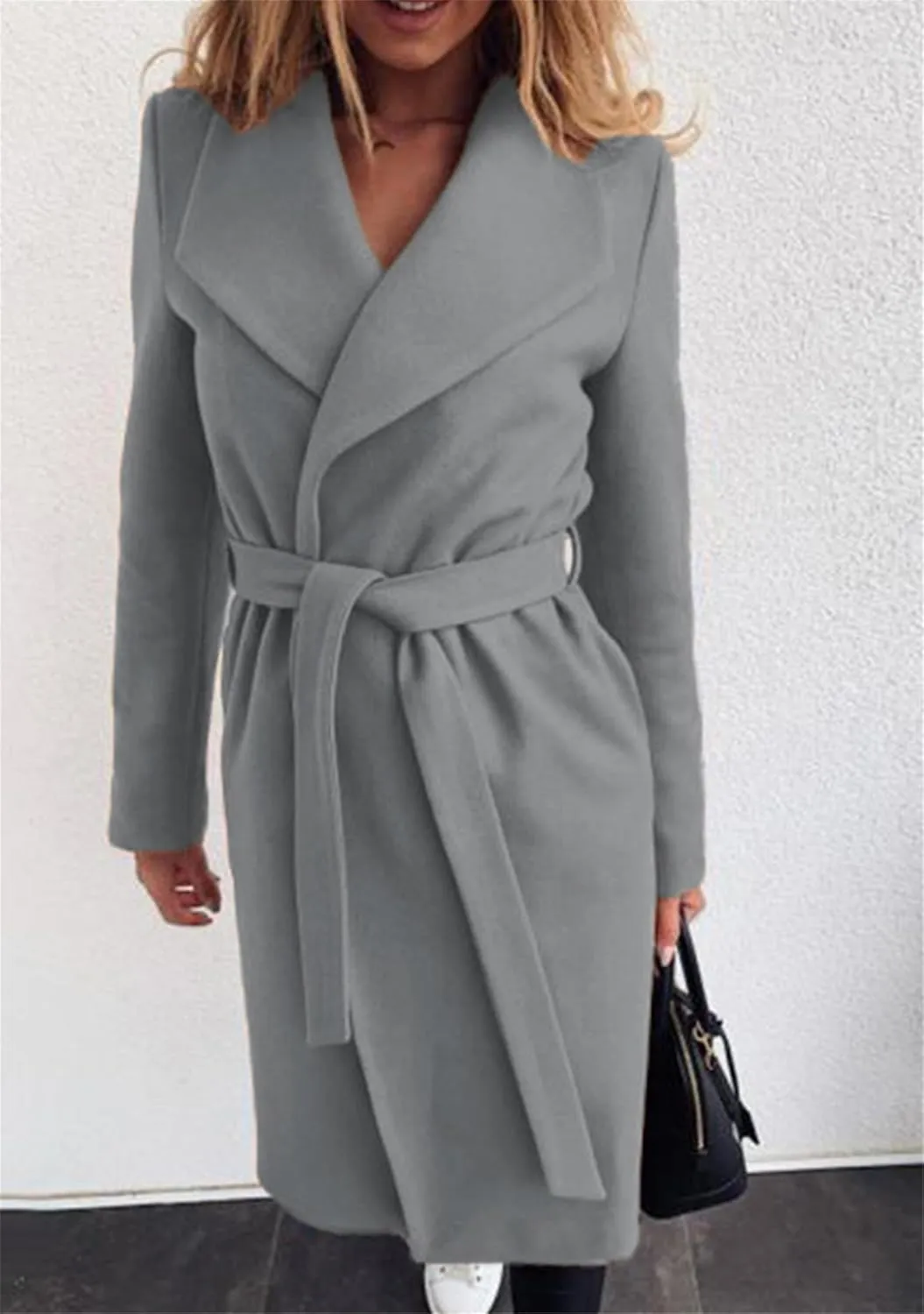 Women Solid Color Long Sleeve Long Coats Lapel Collar Belt Wool Blend Trench Coat Wrap Casual Winter Jackets