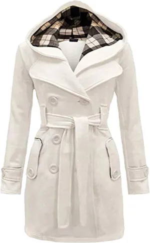 Women Solid Color Long Sleeve Pea Coat Plaid Hooded Double Breasted Outwear Wool Blend Vacation Trench Coat with Belt