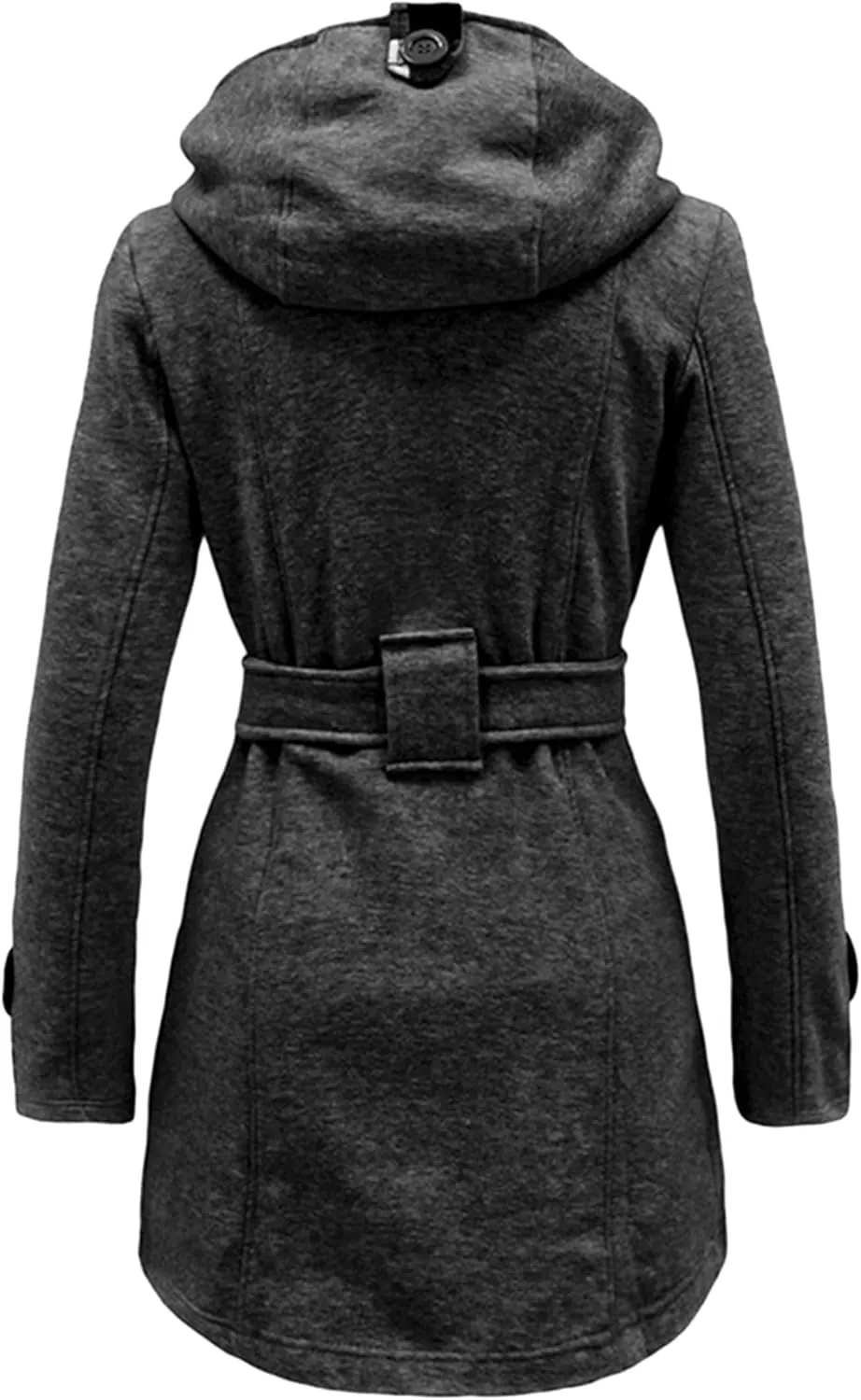 Women Solid Color Long Sleeve Pea Coat Plaid Hooded Double Breasted Outwear Wool Blend Vacation Trench Coat with Belt