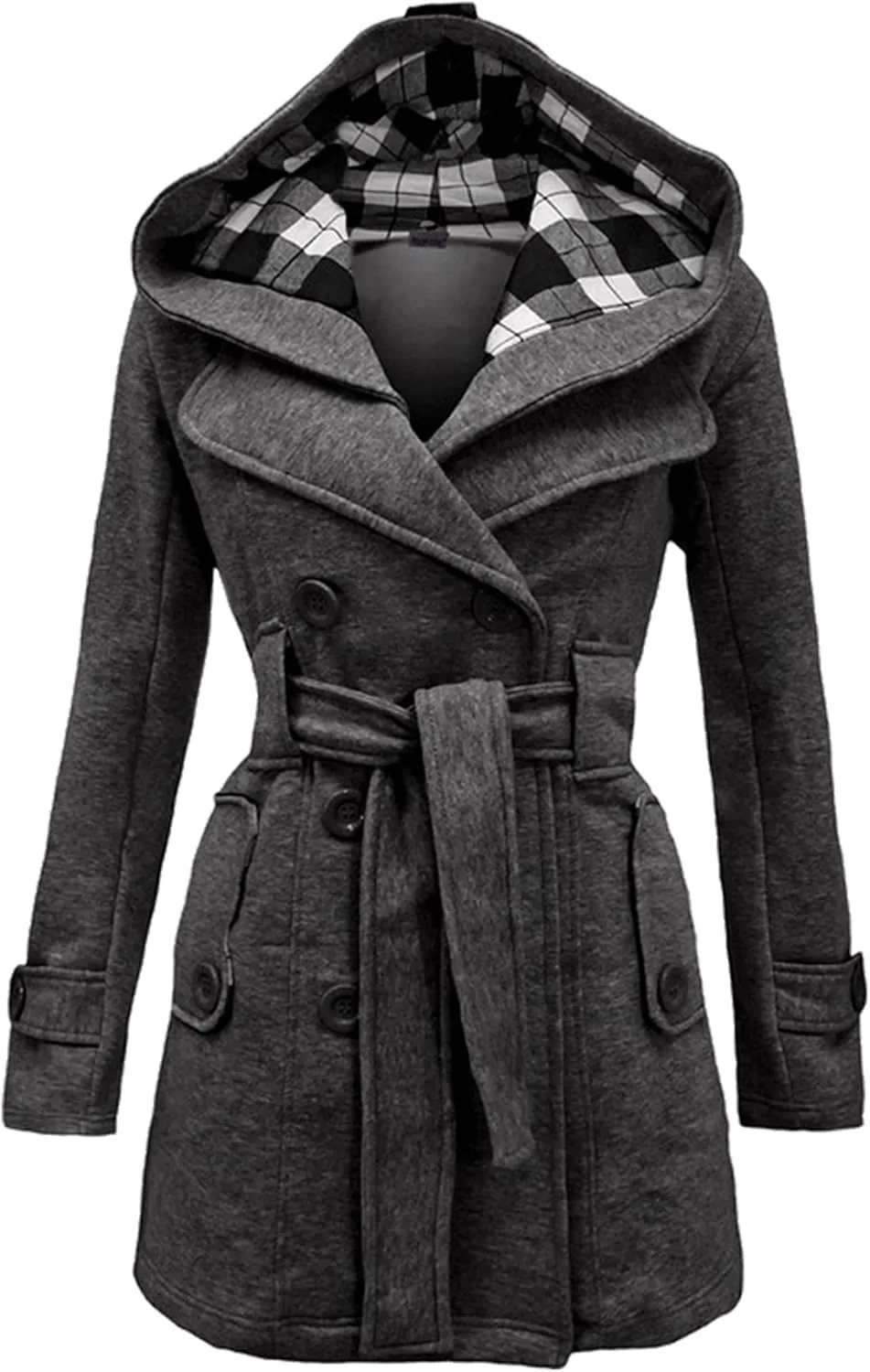 Women Solid Color Long Sleeve Pea Coat Plaid Hooded Double Breasted Outwear Wool Blend Vacation Trench Coat with Belt