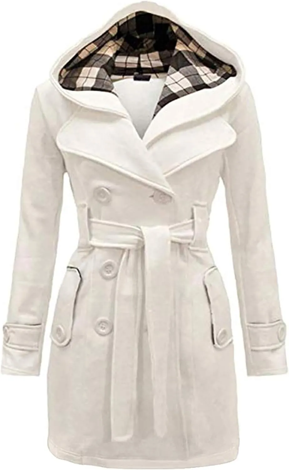 Women Solid Color Long Sleeve Pea Coat Plaid Hooded Double Breasted Outwear Wool Blend Vacation Trench Coat with Belt