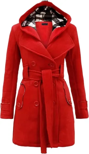 Women Solid Color Long Sleeve Pea Coat Plaid Hooded Double Breasted Outwear Wool Blend Vacation Trench Coat with Belt