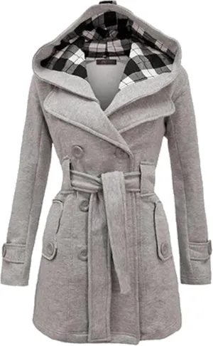 Women Solid Color Long Sleeve Pea Coat Plaid Hooded Double Breasted Outwear Wool Blend Vacation Trench Coat with Belt