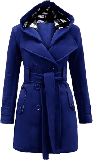 Women Solid Color Long Sleeve Pea Coat Plaid Hooded Double Breasted Outwear Wool Blend Vacation Trench Coat with Belt