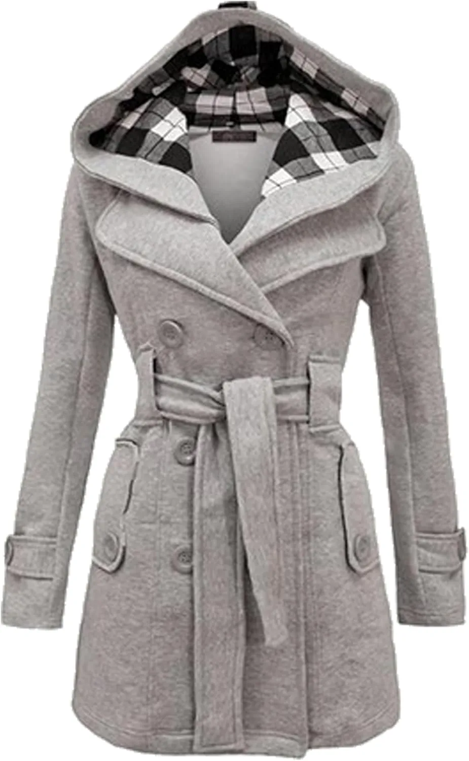 Women Solid Color Long Sleeve Pea Coat Plaid Hooded Double Breasted Outwear Wool Blend Vacation Trench Coat with Belt