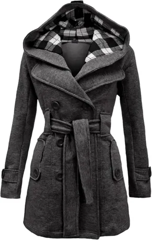 Women Solid Color Long Sleeve Pea Coat Plaid Hooded Double Breasted Outwear Wool Blend Vacation Trench Coat with Belt
