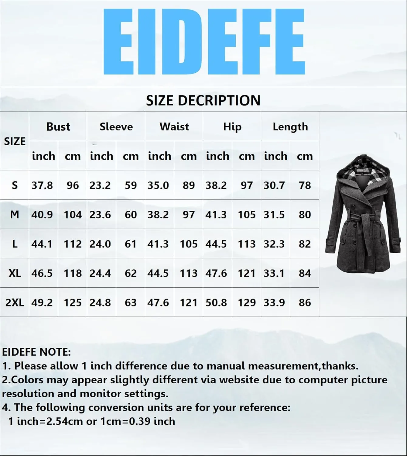 Women Solid Color Long Sleeve Pea Coat Plaid Hooded Double Breasted Outwear Wool Blend Vacation Trench Coat with Belt