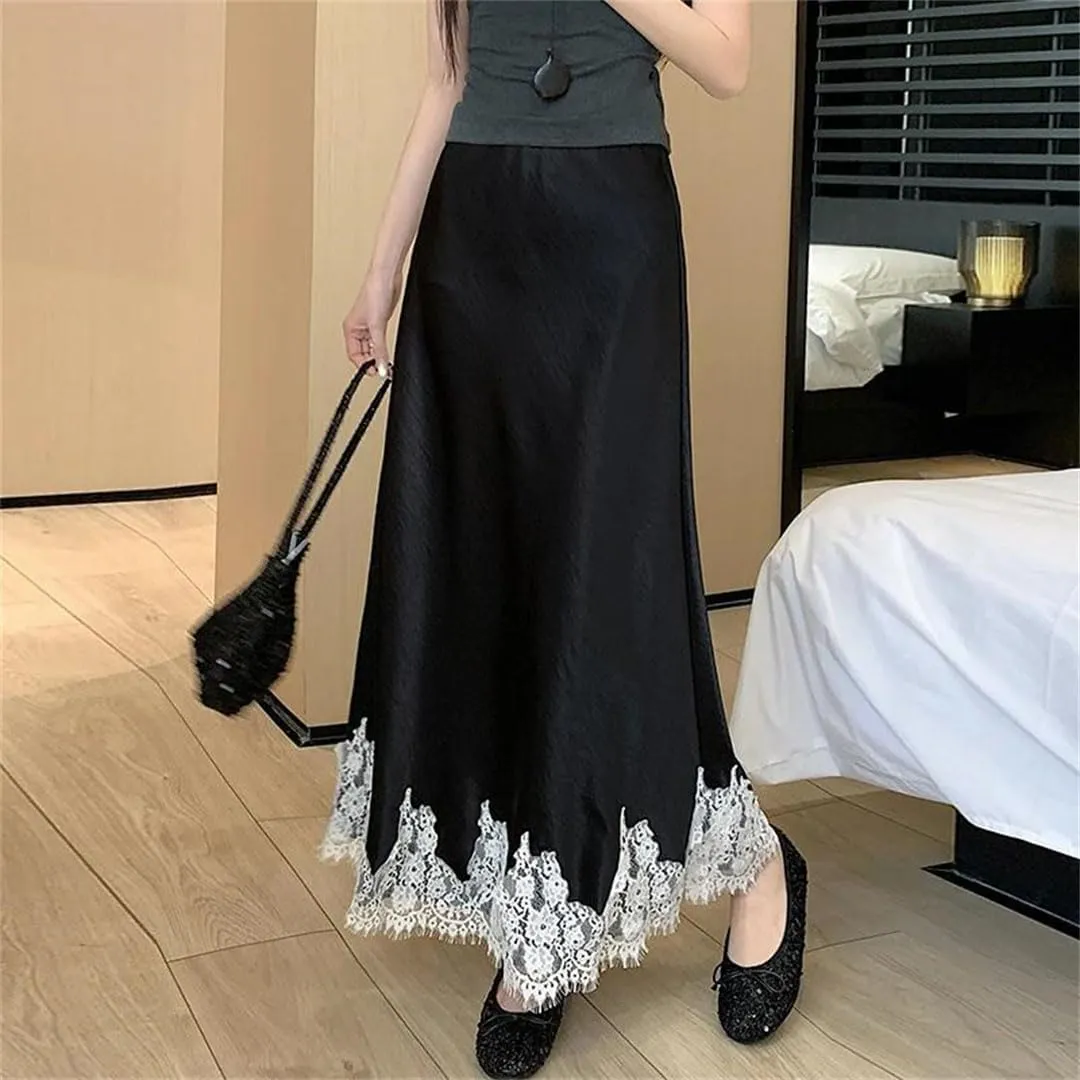 Women Solid Lace High Waist Color Slim Casual A-Line Long Skirts