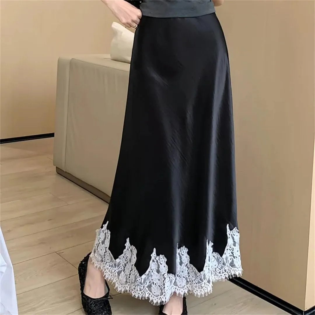 Women Solid Lace High Waist Color Slim Casual A-Line Long Skirts