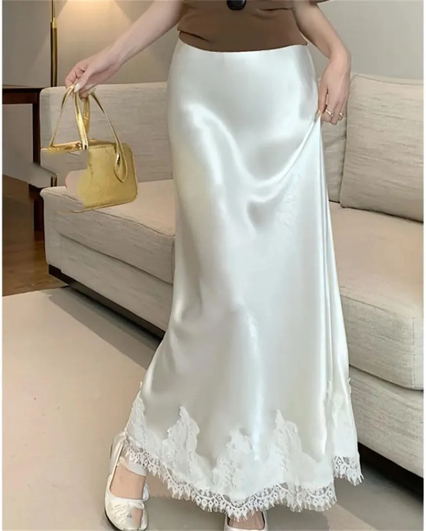 Women Solid Lace High Waist Color Slim Casual A-Line Long Skirts