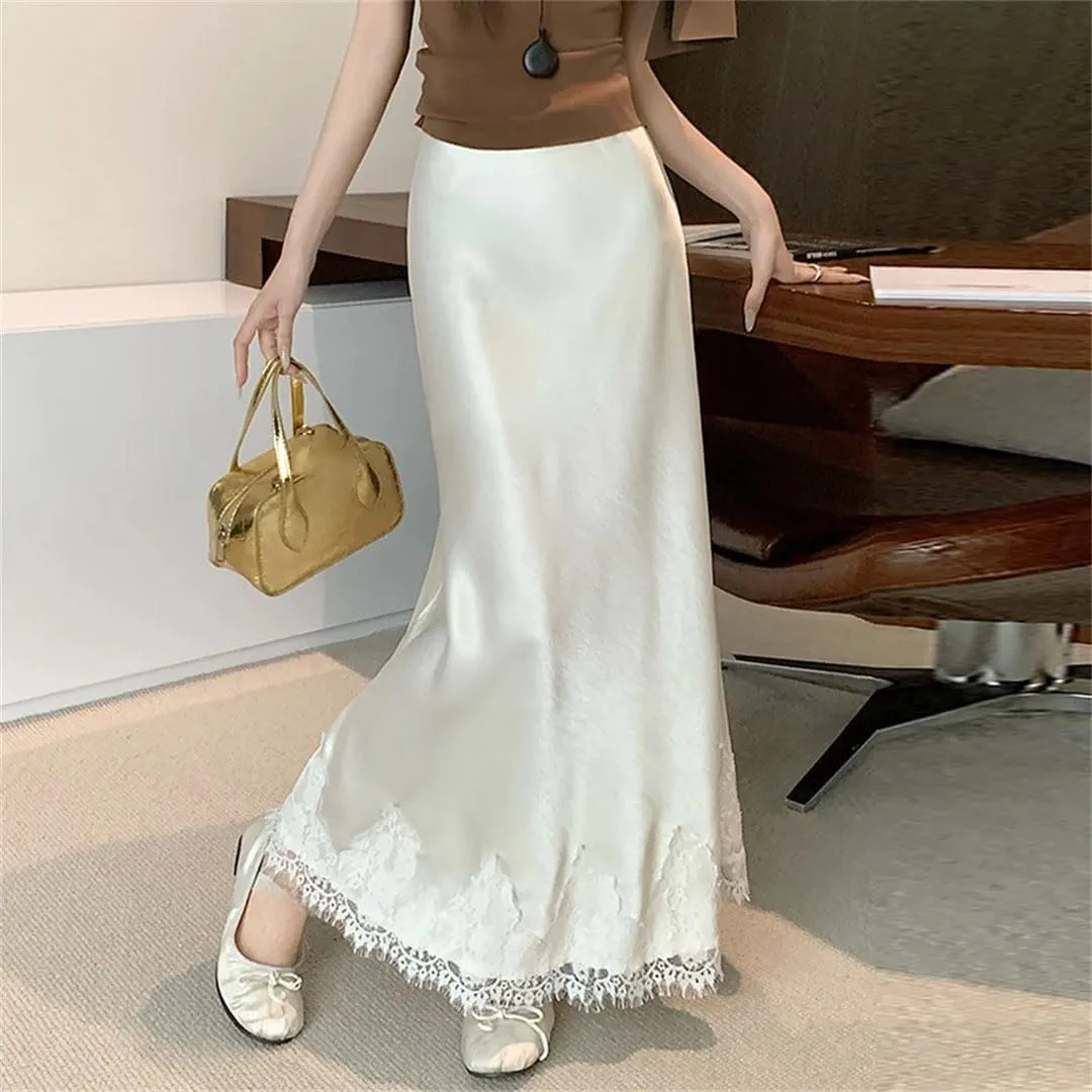 Women Solid Lace High Waist Color Slim Casual A-Line Long Skirts