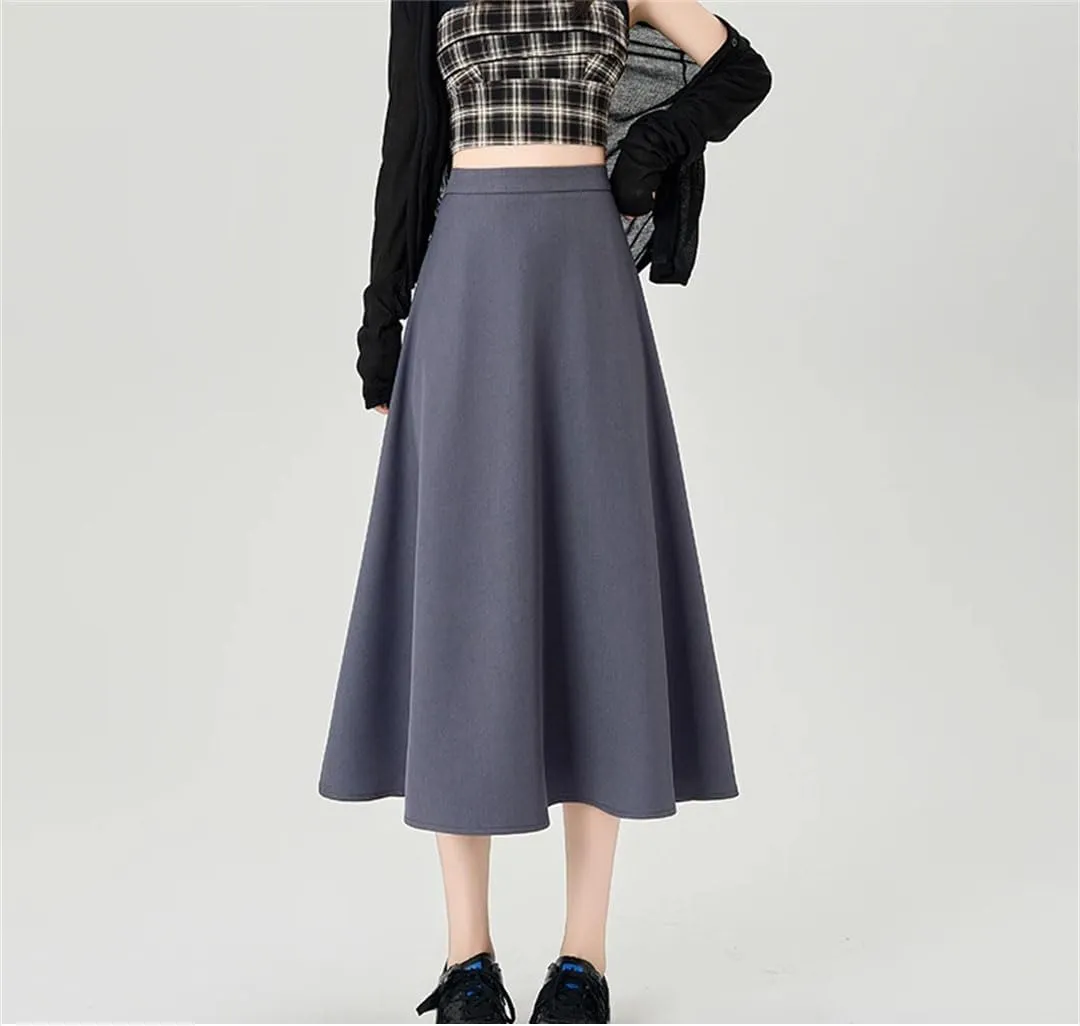 Women Summer High Waist Loose Casual Solid A-Line Mid Calf Skirts