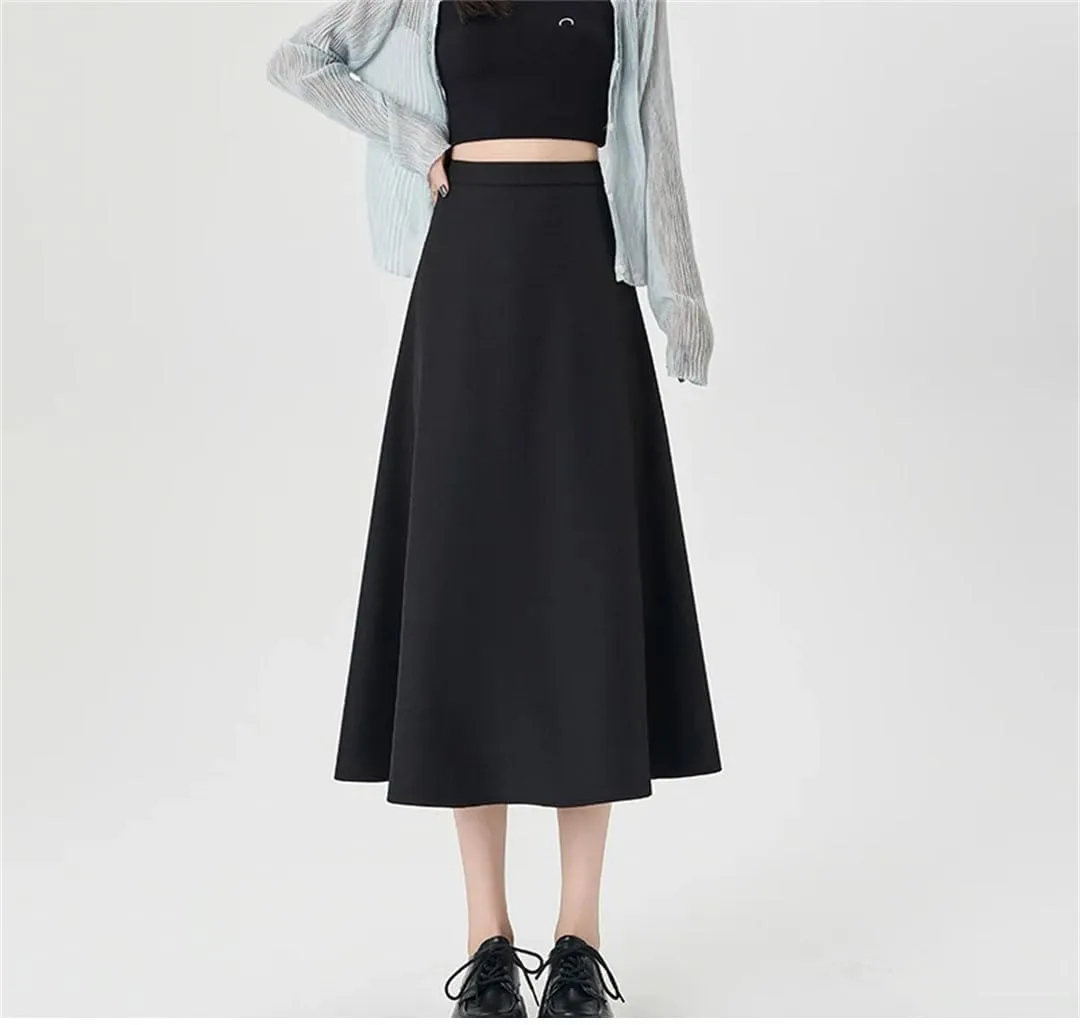 Women Summer High Waist Loose Casual Solid A-Line Mid Calf Skirts