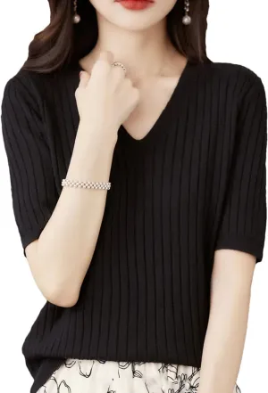 Women Sweater Short Sleeve V-Neck Stripe Slim Fit Korean Fashion Pullovers Thin Knit Bottoming Shirts