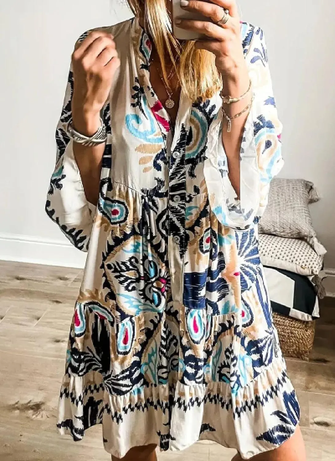 Women's 2025 Summer Loose Unique Printed Long Sleeve Mini Dress Casual Lapel V Neck Smocked Flowy Shift Mini Dress
