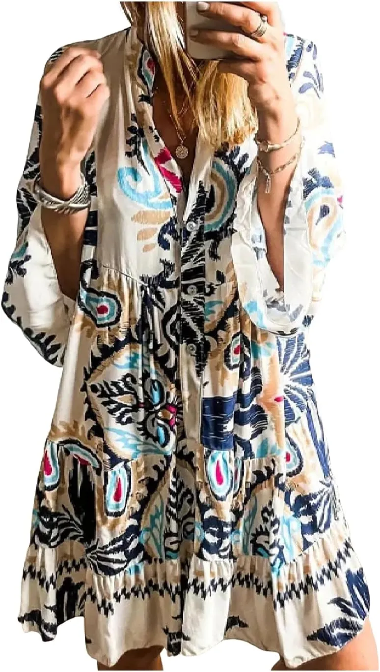 Women's 2025 Summer Loose Unique Printed Long Sleeve Mini Dress Casual Lapel V Neck Smocked Flowy Shift Mini Dress