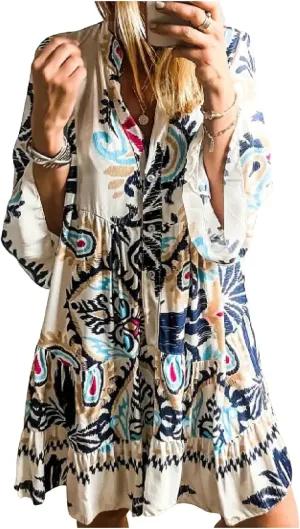 Women's 2025 Summer Loose Unique Printed Long Sleeve Mini Dress Casual Lapel V Neck Smocked Flowy Shift Mini Dress