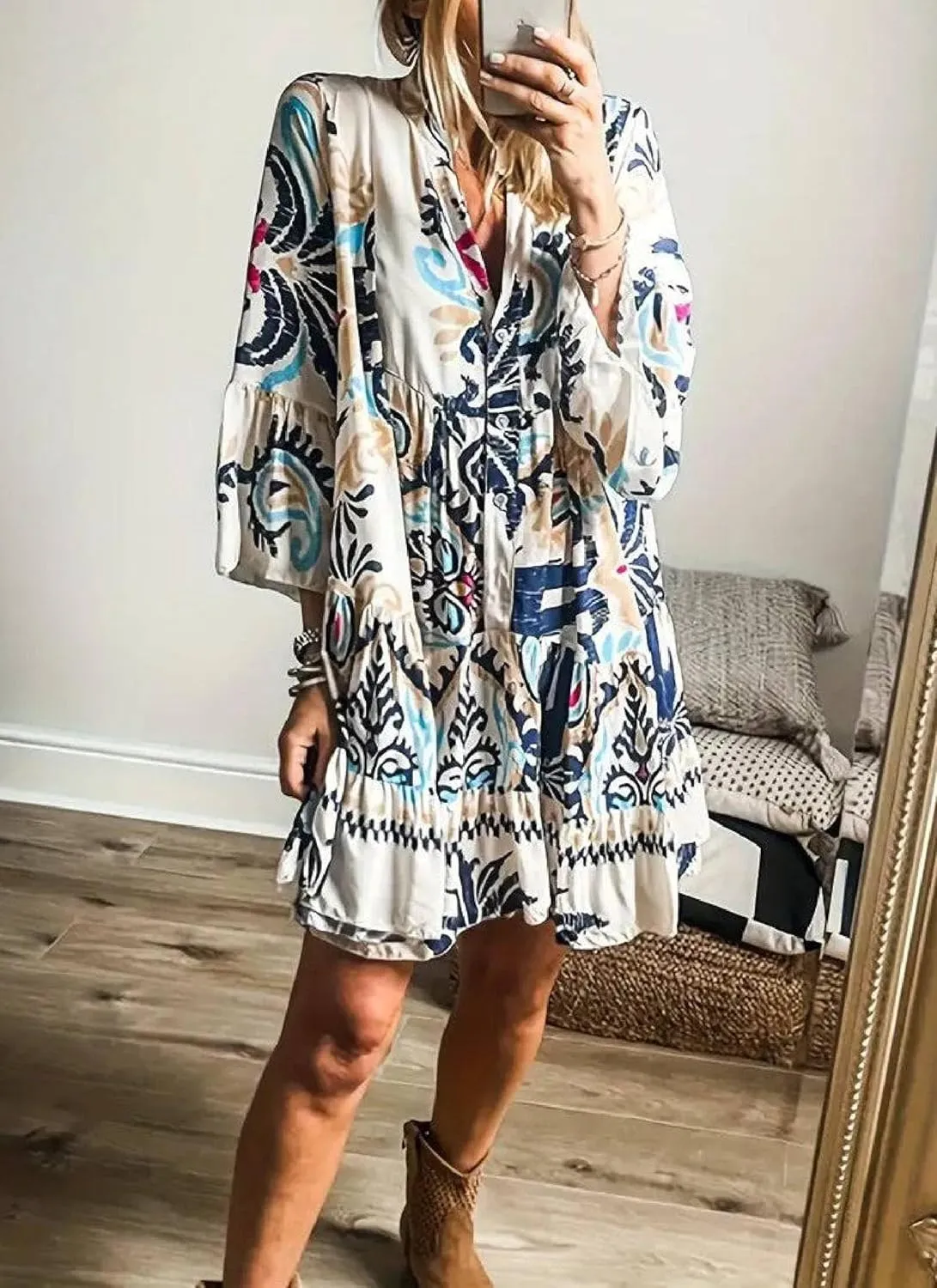 Women's 2025 Summer Loose Unique Printed Long Sleeve Mini Dress Casual Lapel V Neck Smocked Flowy Shift Mini Dress