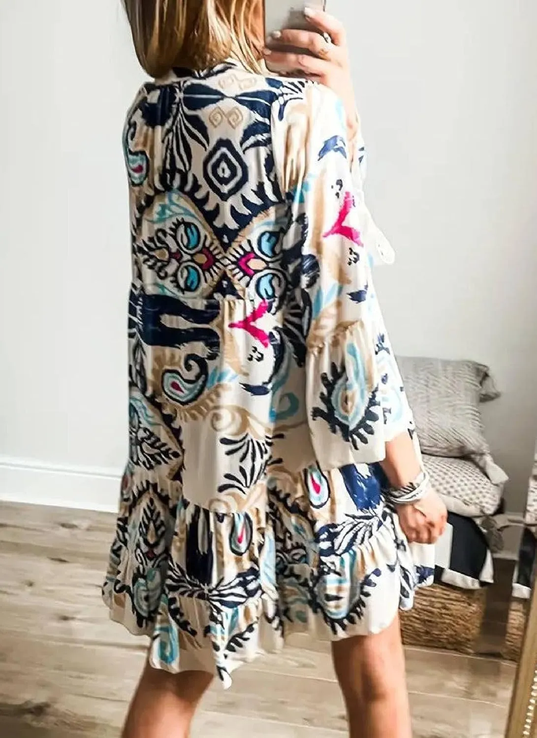 Women's 2025 Summer Loose Unique Printed Long Sleeve Mini Dress Casual Lapel V Neck Smocked Flowy Shift Mini Dress
