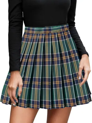 Women's A-line Plaid Skater Pleated Skirts, High Waist Short Mini Y2K Style Tennis Skirt Skort for School Women