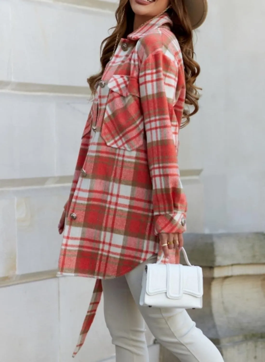 Women's Belted Long Plaid Trench Coat Casual Lapel Wool Blend Button Down Flannel Shirt Jacket Shacket