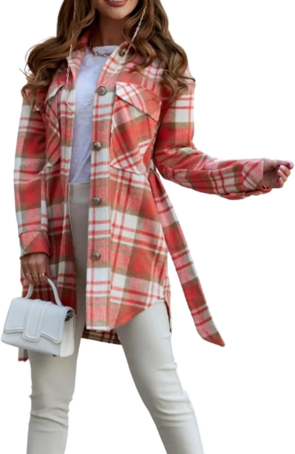 Women's Belted Long Plaid Trench Coat Casual Lapel Wool Blend Button Down Flannel Shirt Jacket Shacket