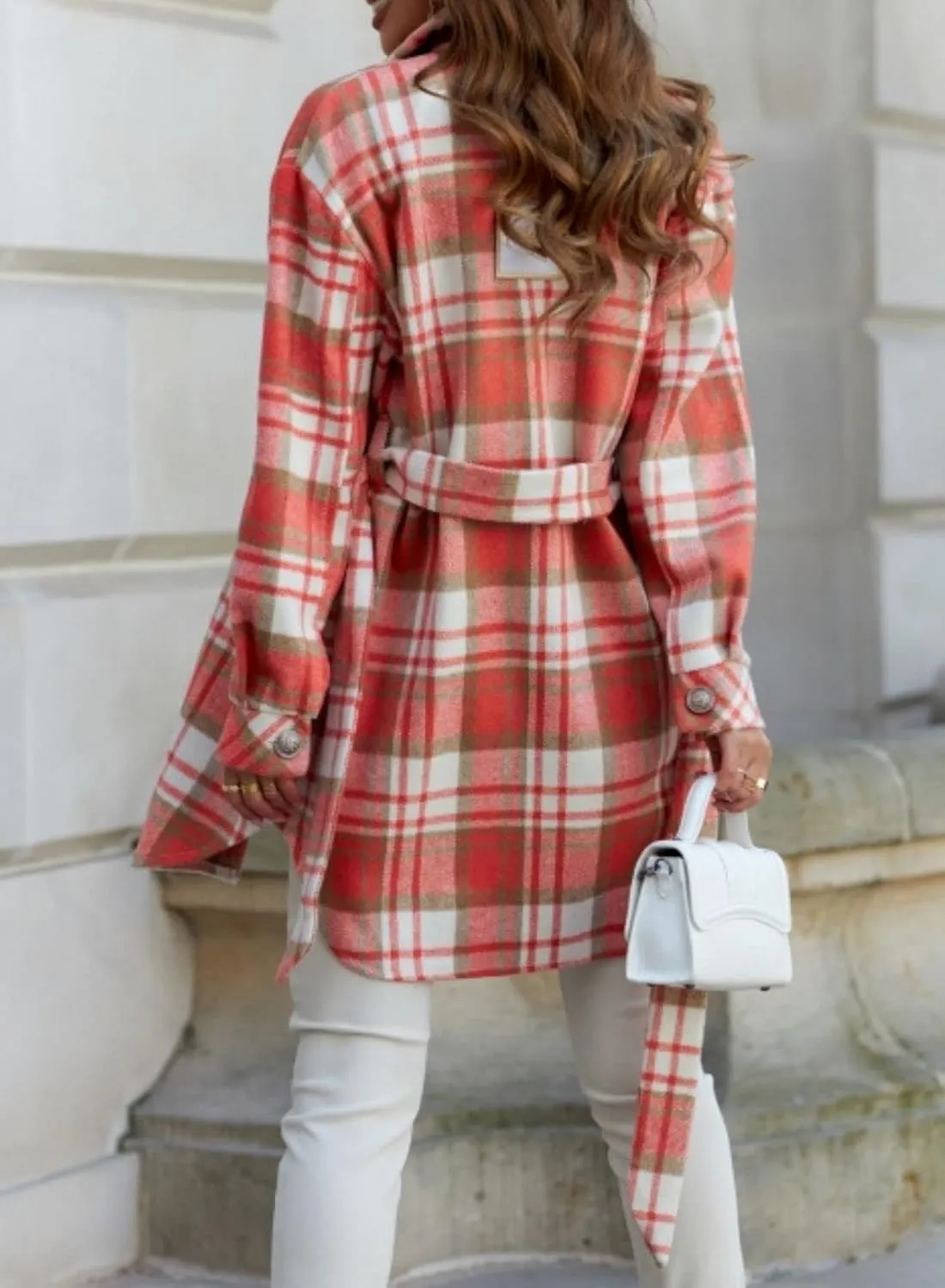 Women's Belted Long Plaid Trench Coat Casual Lapel Wool Blend Button Down Flannel Shirt Jacket Shacket