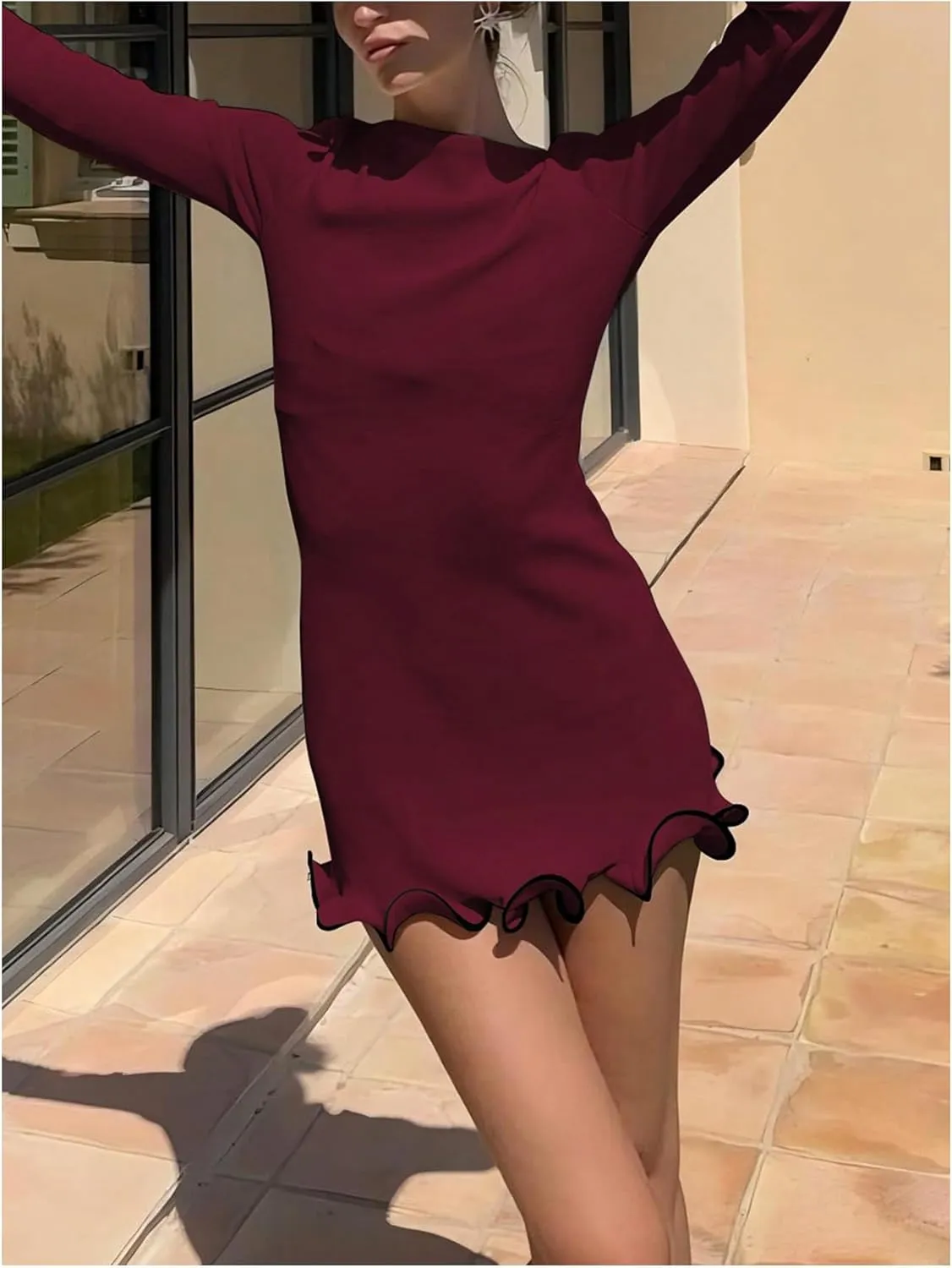 Women's Boat Neck Ruffle Wave Edge Bodycon Pencil Dress Long Sleeve Party Night Out Mini Dresses