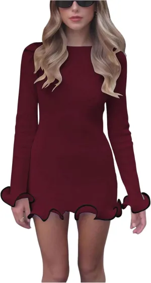 Women's Boat Neck Ruffle Wave Edge Bodycon Pencil Dress Long Sleeve Party Night Out Mini Dresses