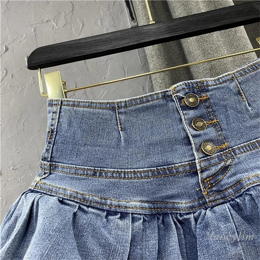Women's Button Front Layered Ruffles Denim Skirt with High Waist Summer Y2K Pleated Mini Skirt